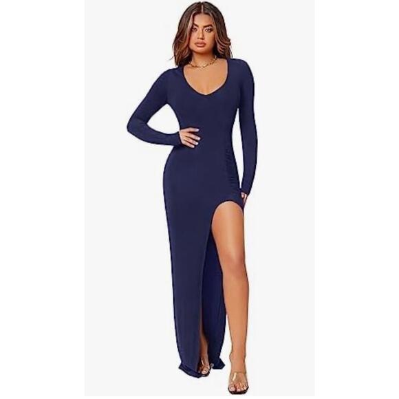 Verdusa Women's Long Sleeve Scoop Neck High Slit Bodycon Maxi Dress Blue Small - Picture 1 of 8